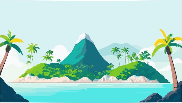 a view of a tropical beach with green trees and high mountains with 4k resolution for desktop and PC