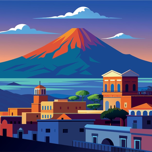 Vector view of vesuvio volcano with beautiful blue sky in the evening southern italy
