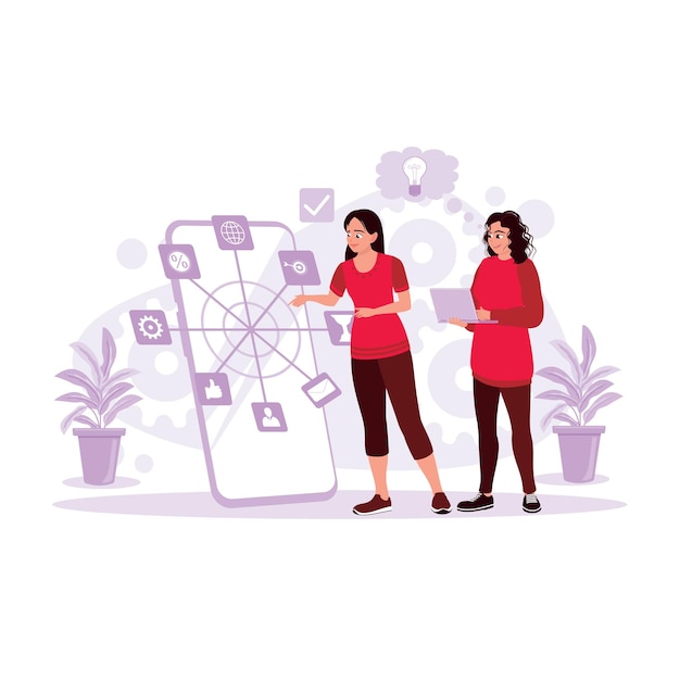 Vector view of a woman holding a laptop and a woman touching productivity concept on screen trend modern