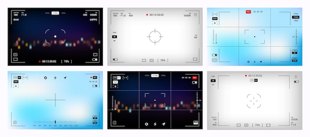 뷰파인더 프레임 인터페이스 아이콘이 있는 사진 초점 화면 디지털 비디오 기록 디스플레이 보기 UI 그래픽 요소가 포함된 스마트폰 사진 또는 비디오 카메라 화면 벡터 격리된 녹음 테두리 세트