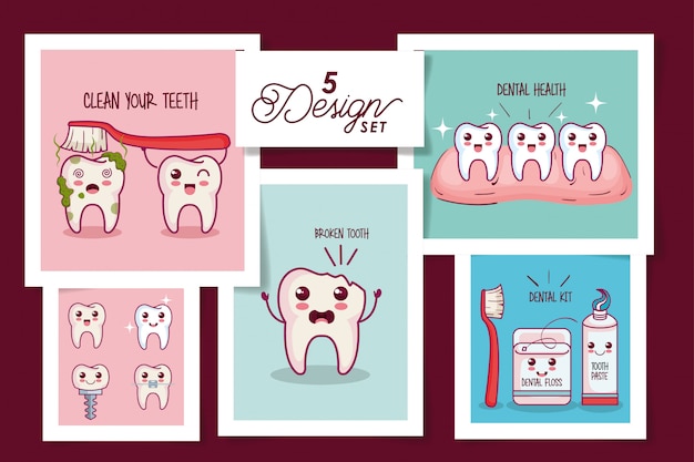 Vijf kaarten tandheelkundige gezondheid pictogrammen