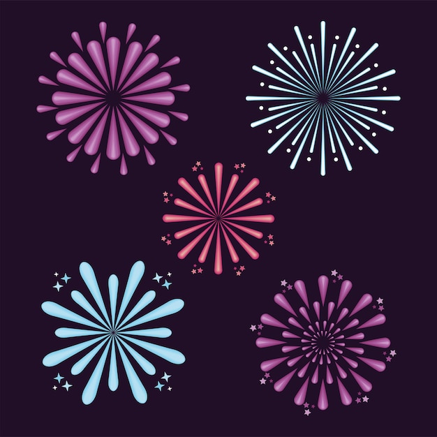 Vector vijf kleurrijke vuurwerkpictogrammen