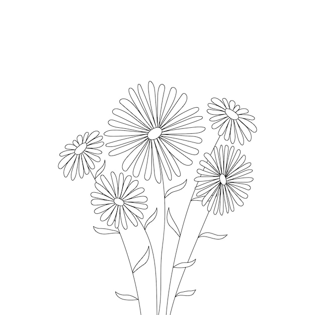 Vijf madeliefjes getekend met een lijn op een witte achtergrond Vector boeket bloemen Coloring