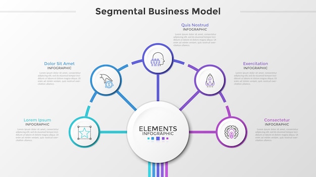 Vijf papieren witte ronde elementen met dunne lijnsymbolen binnen de hoofdcirkel in het midden. concept van segmentaal bedrijfsmodel met 5 stappen. moderne infographic ontwerpsjabloon. vector illustratie.