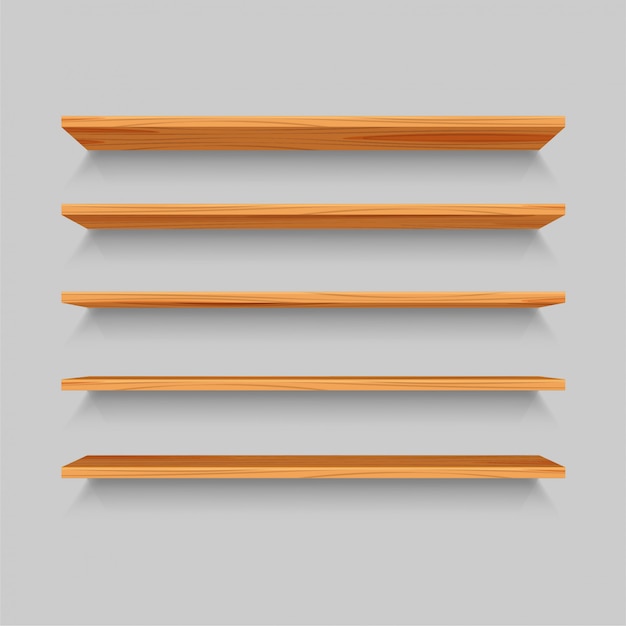 Vijf realistische houten planken. mock up of sjabloon van lege plank geïsoleerd op grijze achtergrond. onderdeel van interieur voor uw ontwerp. illustratie.