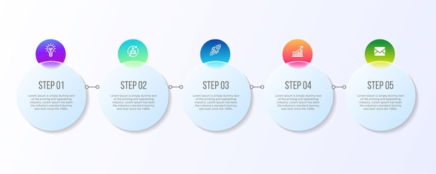 vijf stappen glasmorfisme circulaire zakelijke infographic sjabloon