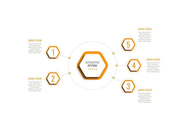 Vijf stappen infographic sjabloon met oranje zeshoekige elementen met schaduw op een witte achtergrond