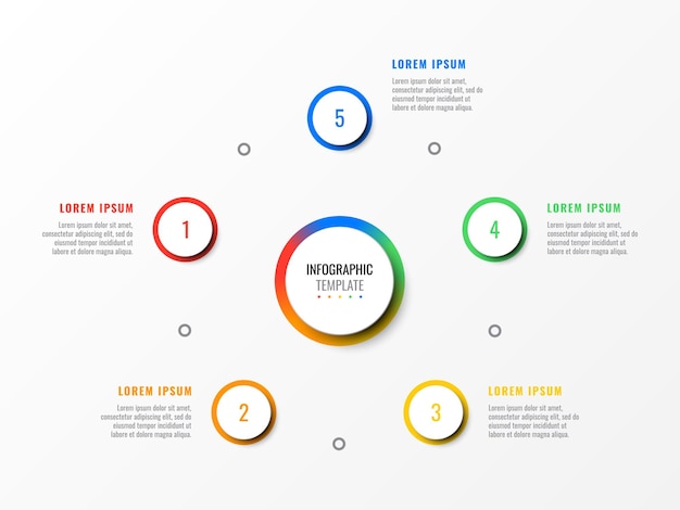 Vijf stappen ontwerp lay-out infographic sjabloon met ronde 3D-realistische elementen procesdiagram