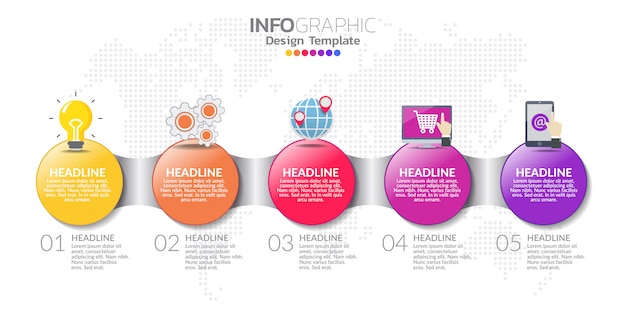 Vijf stappen tijdlijn infographic ontwerp vector en pictogrammen