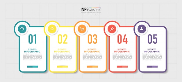 Vijf stappen tijdlijn infographics ontwerpsjabloon.