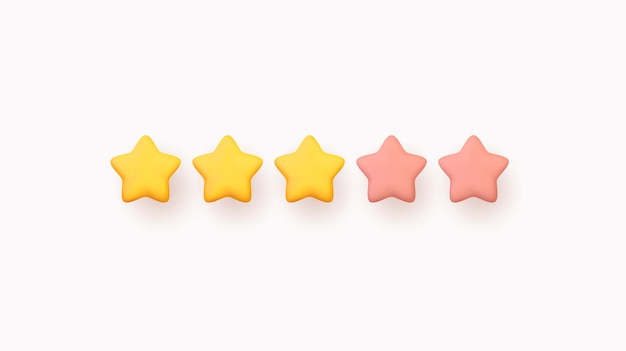 Vijf sterren, matte gele en roze kleuren. klantbeoordeling feedbackconcept van de klant over medewerker van website. realistisch 3d-ontwerp van het object. voor mobiele toepassingen. vector illustratie