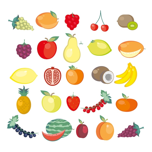Vijfentwintig iconen van vers fruit Vectorillustratie