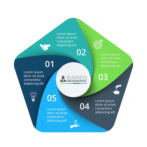 Vijfhoek met cirkel erin, verdeeld in 5 delen. Vector cyclus infographic ontwerp illustratie.