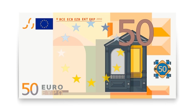 Vijftig eurobankbiljetten op een witte achtergrond.