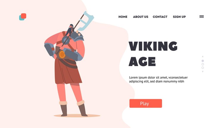 Vector viking age landing page template barbarian with naked torso and battle axe scandinavian warrior bearded male character holding armor personage of nordic legends cartoon vector illustration