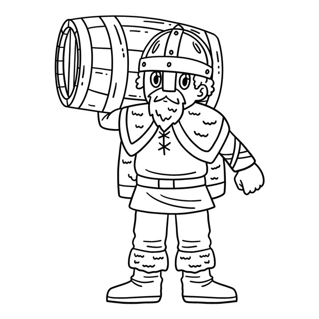 Vector viking carrying a barrel isolated coloring page