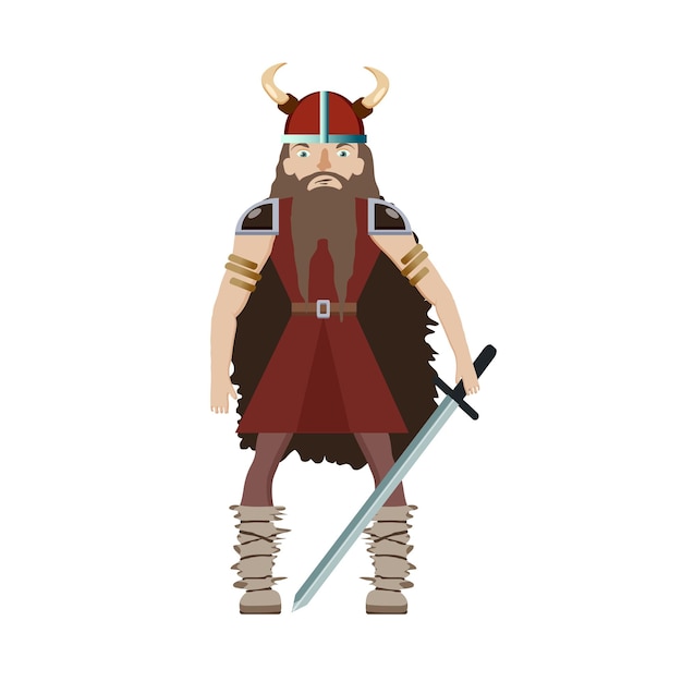 Вектор Викинг мультипликационный персонаж. мускулистый длинноволосый воин в шлеме держит в руках меч.