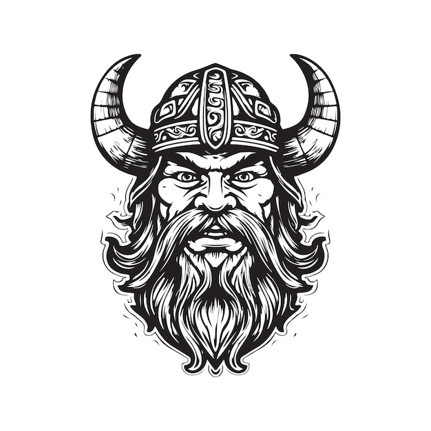 Vector viking cartoon vintage logo line art concept black and white color hand drawn illustration