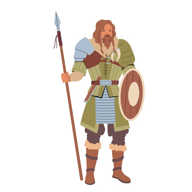 盾と槍を保持しているスカンジナビアのドレッシングを身に着けているバイキングのキャラクター。北欧神話のヒーロー、映画俳優の役割