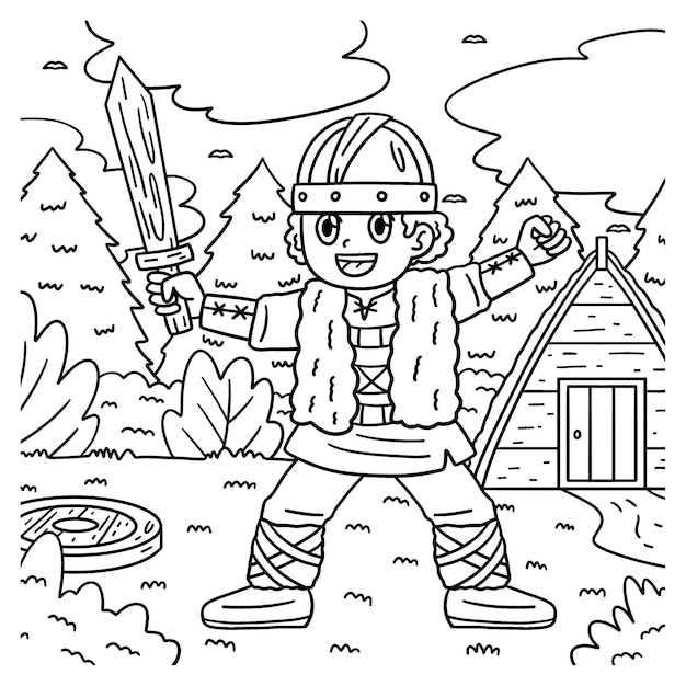 Vector viking child with wooden sword coloring page