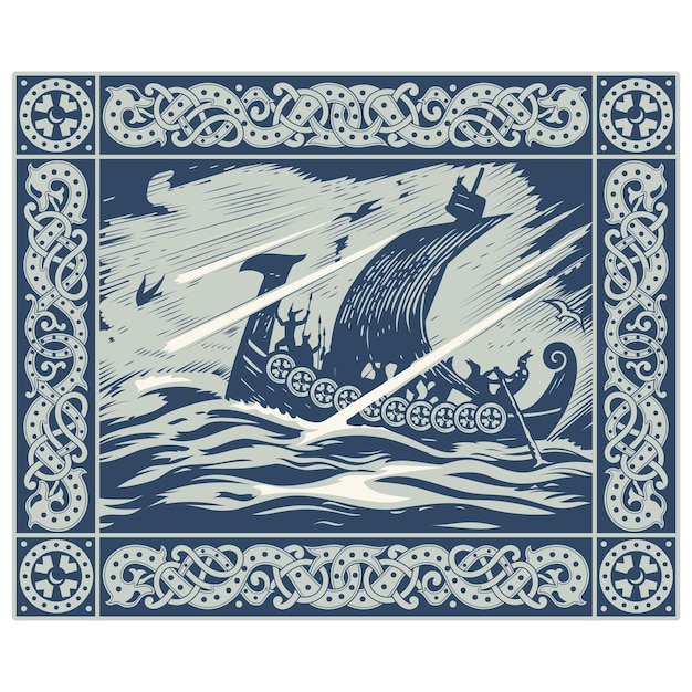 Vector viking design drakkar sailing in a stormy sea in the frame of the scandinavian pattern isolated on white vector illustration