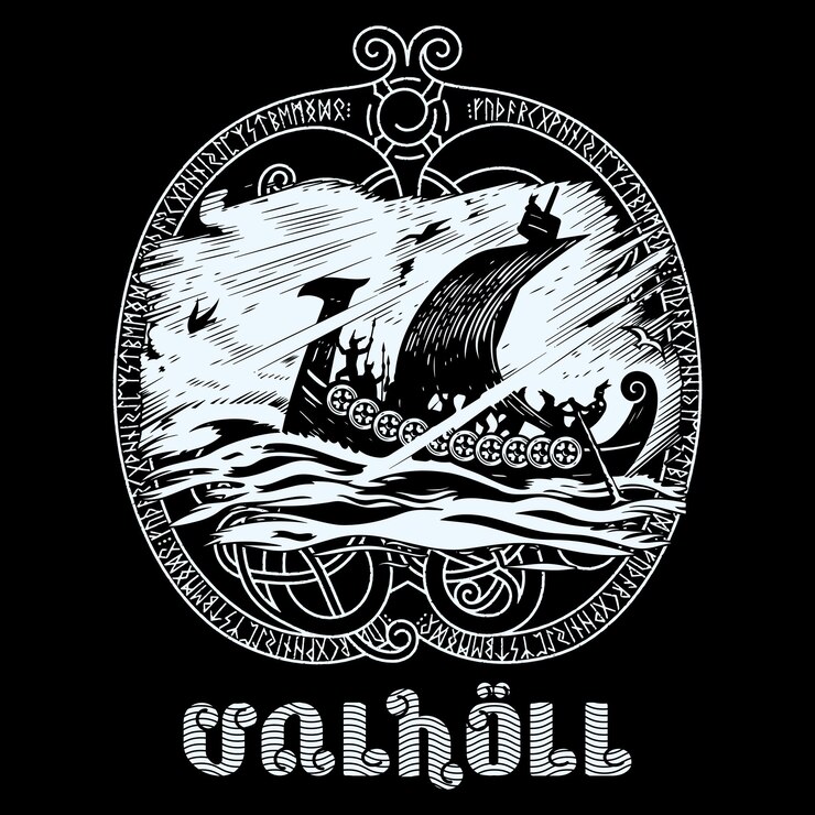 Vector viking design drakkar sailing in a stormy sea in the frame of the scandinavian pattern