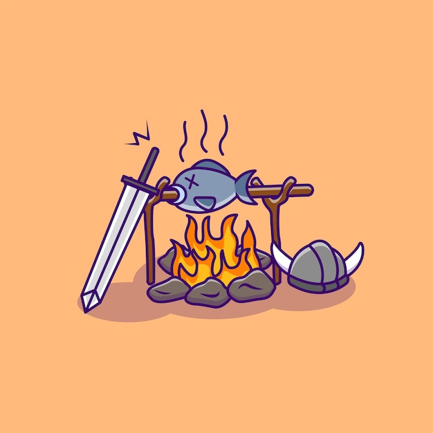 Viking grill fish cartoon vector illustration