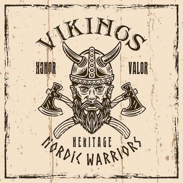 Vector viking head and crossed axes vector vintage emblem label badge or print illustration on background with grunge textures