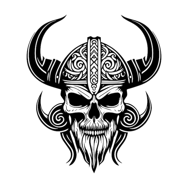 Viking Head Logo hand drawn black and white Illustration