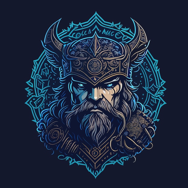 A viking head with a blue ring on it