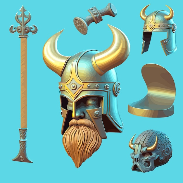 Viking helm nordic wapens en bugel hoorn voor game ui design geïsoleerd op achtergrond vectorillustratie