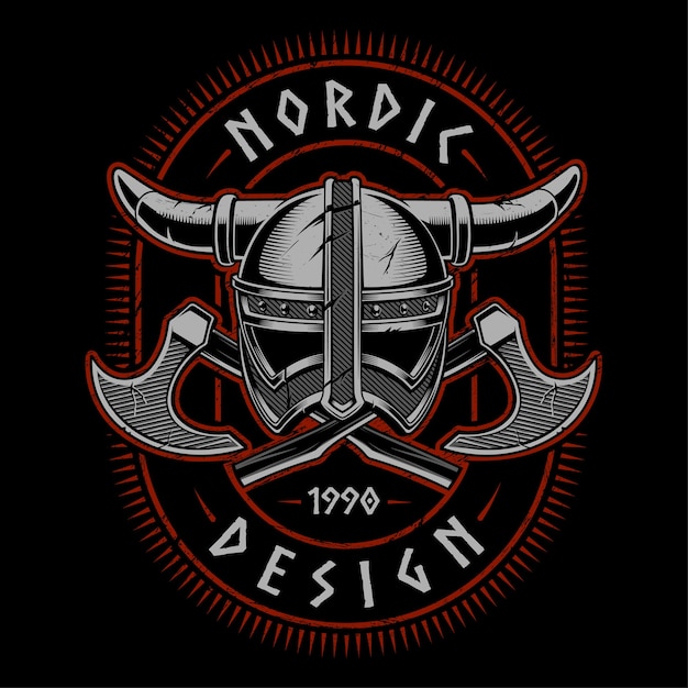 Viking helmet with axes.  illustration on dark background. all elements are separate, text is on the separate layer.