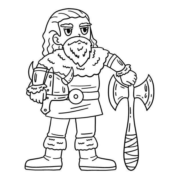 Viking Holding an Axe and Helmet Isolated Coloring