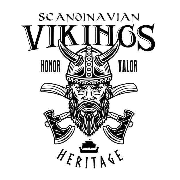 Viking hoofd en gekruiste assen vector embleem label badge logo of afdruk in monochrome stijl geïsoleerd op witte achtergrond