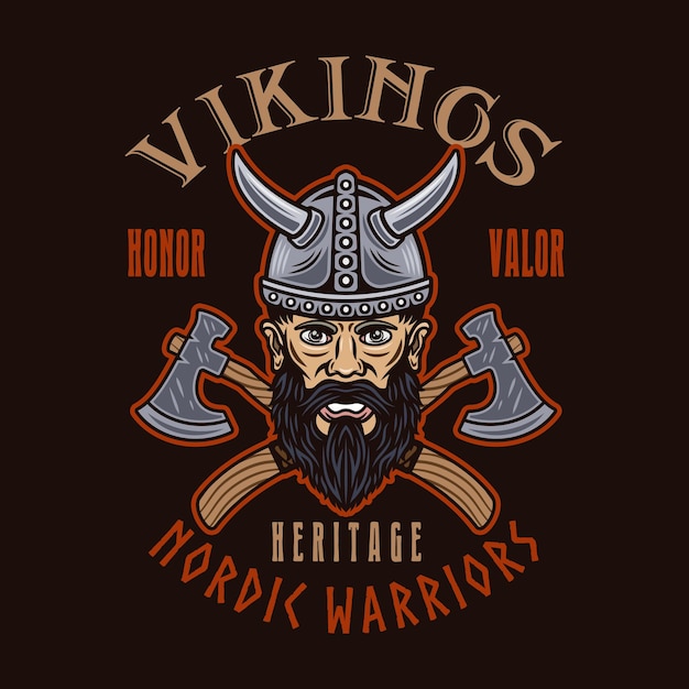 Viking hoofd en gekruiste assen vector embleem label badge of afdruk in kleurrijke stijl op donkere achtergrond