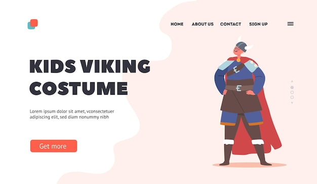 Viking-kostuum voor kinderen bestemmingspaginasjabloon jongenspersonage draagt gehoornde helmlaarzen en capekind in scandinavisch pak
