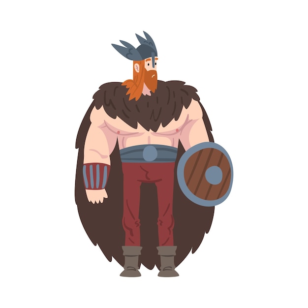 Vector viking krijger scandinavische mythologische personage in traditionele kleding en bont cape cartoon stijl