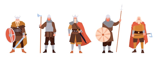 Vector viking krijger wrede barbaarse soldaat stripfiguur dragen pantser en gehoornde helmen met verschillende militaire wapens geïsoleerd ingesteld op witte scandinavische middeleeuwse ridder vectorillustratie