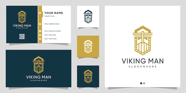 Логотип человека викинга с линейным арт-стилем и шаблоном дизайна визитной карточки
