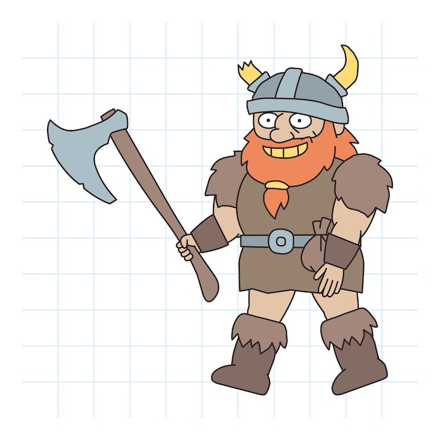 Viking man walks and holds big ax in hand