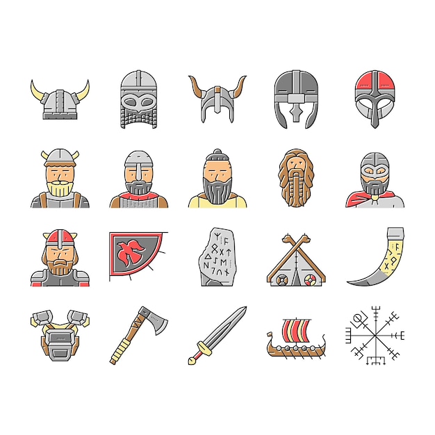 Vettore le icone del casco norreno medievale dei vichinghi impostano il vettore