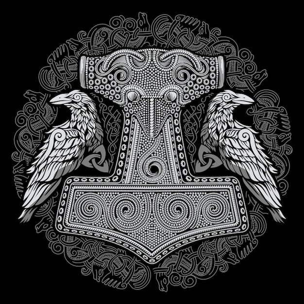 Vector viking old celtic scandinavian design hammer of god thor two ravens and celtic patterns drawn in