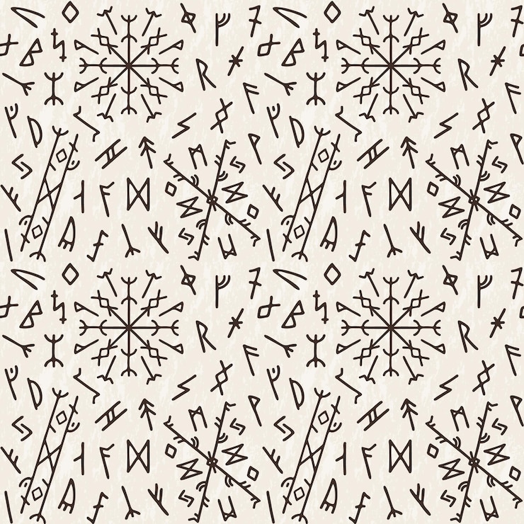 Vector viking rune patroon norse symbolen ijsland noordische magie tatoeage runische futhark nord tekens decor textiel verpakking papier minimalistische monochrome ornament vector naadloze achtergrond