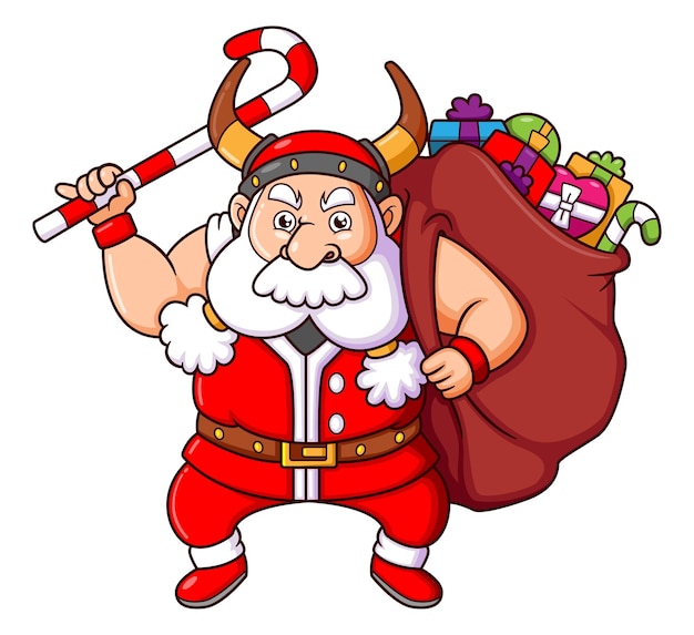 The viking santa claus is holding the candy cane and the big sack of gift