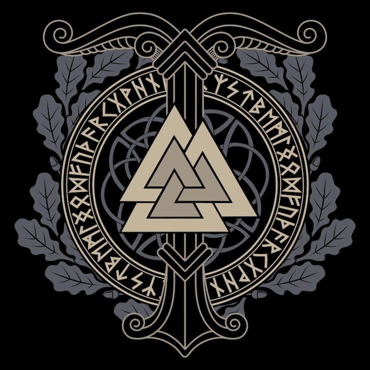 Vector viking scandinavian design the image of ancient pagan symbolsthe world tree irminsul valknut and