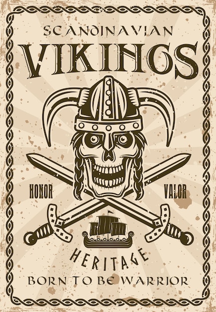 Viking schedel in gehoornde helm en twee gekruiste zwaarden vintage decoratieve poster vectorillustratie. Gelaagde, gescheiden grunge-texturen en tekst