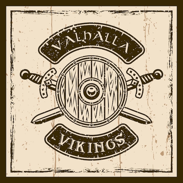 Viking schild en gekruiste zwaarden vector bruin embleem, label, badge of t-shirt print op achtergrond met grunge texturen