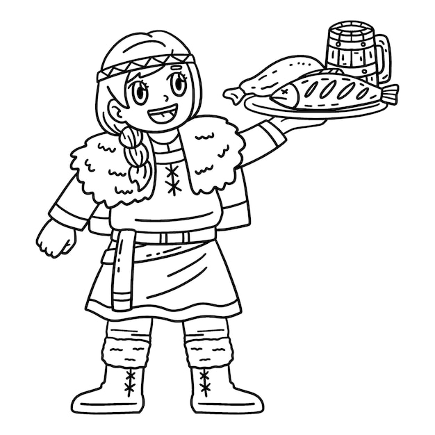 Vector viking serving a meal isolated coloring page