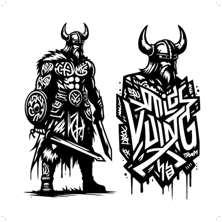 Vector viking silhouette people in graffiti tag hip hop street art typography illustration