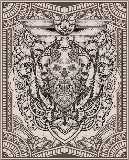 Vector viking skull head with vintage engraving ornament in back perfect for your business and merchandise